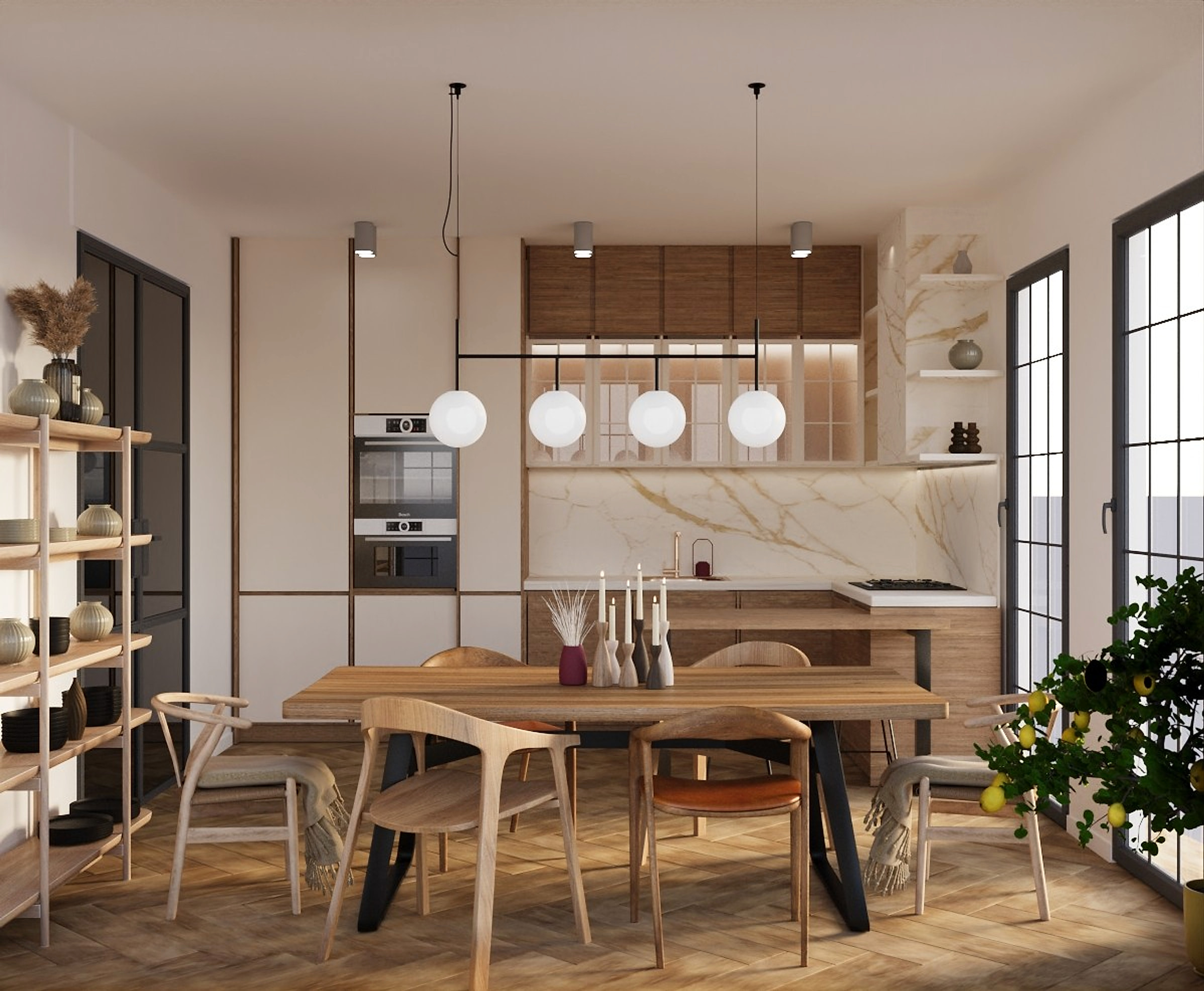 Kitchen and dining room designed by Maria: a wooden table, globe pendant lights and a marble splashback